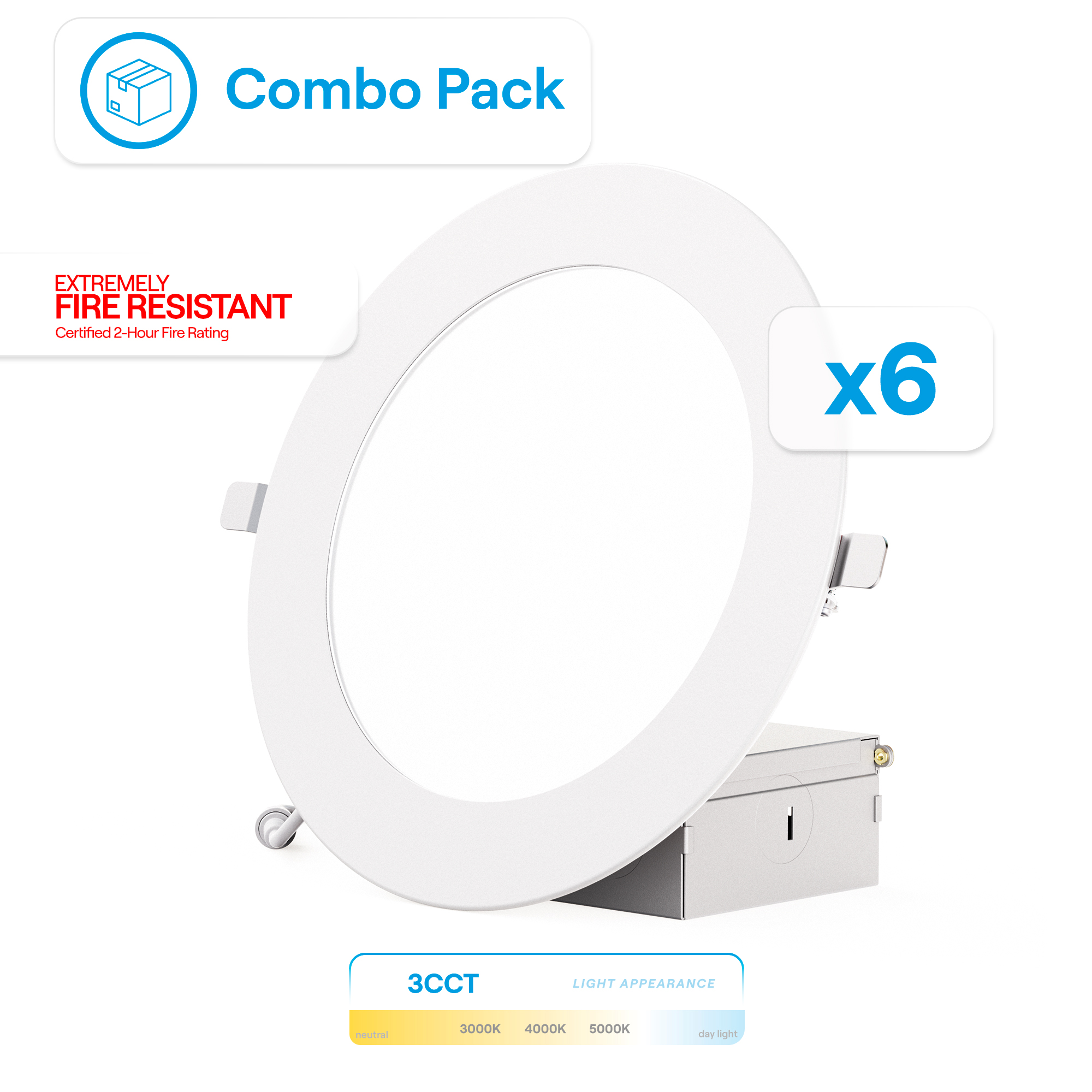 6 Inch Ultra-Thin Recessed LED Downlight, 12W 1,050LM, 3CCT Selectable, White Trim, Fire Rated, Wet Rated, Triac Dimmable, ETL, FCC, Energy Star