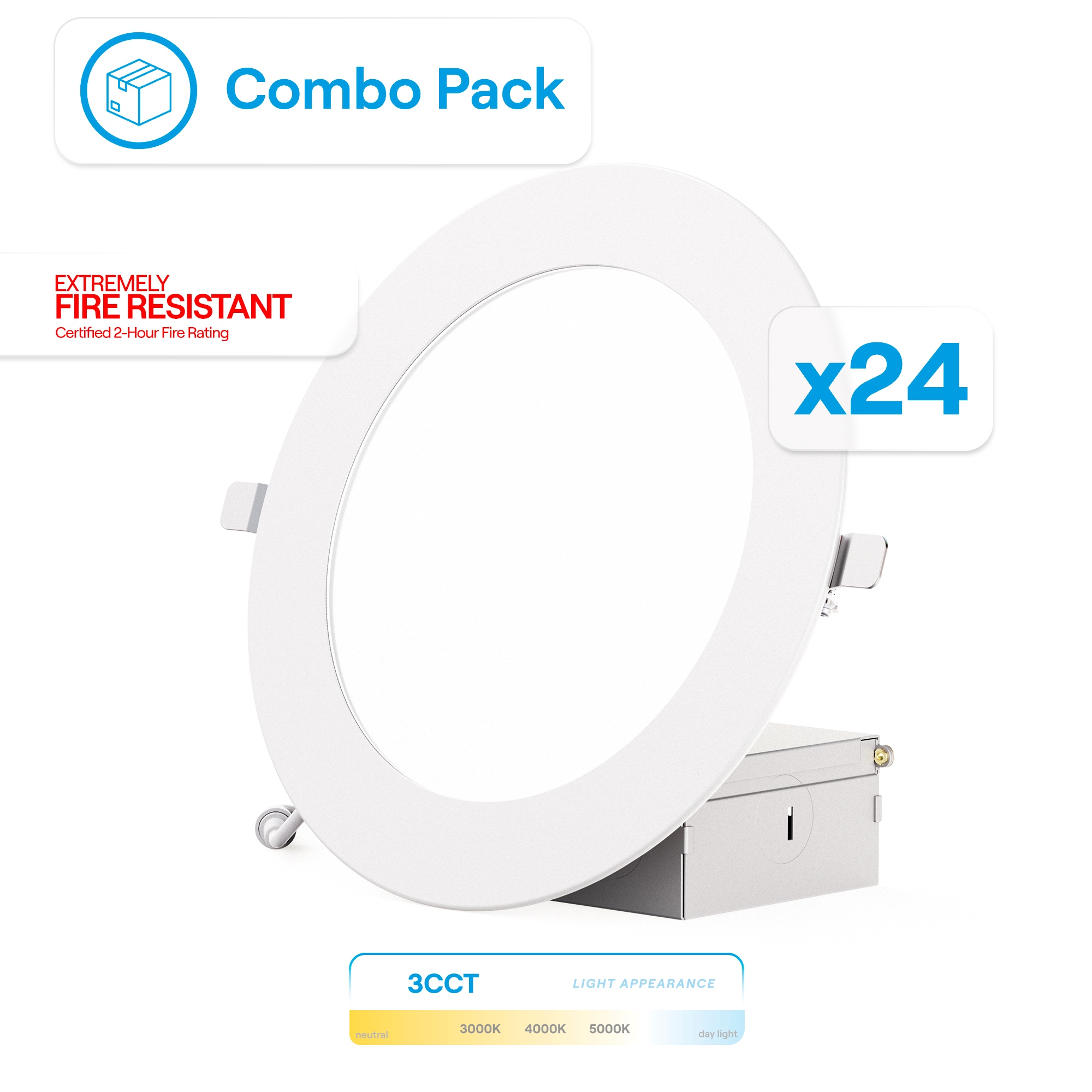 6 Inch Ultra-Thin Recessed LED Downlight, 12W 1,050LM, 3CCT Selectable, White Trim, Fire Rated, Wet Rated, Triac Dimmable, ETL, FCC, Energy Star, (24 Pack)
