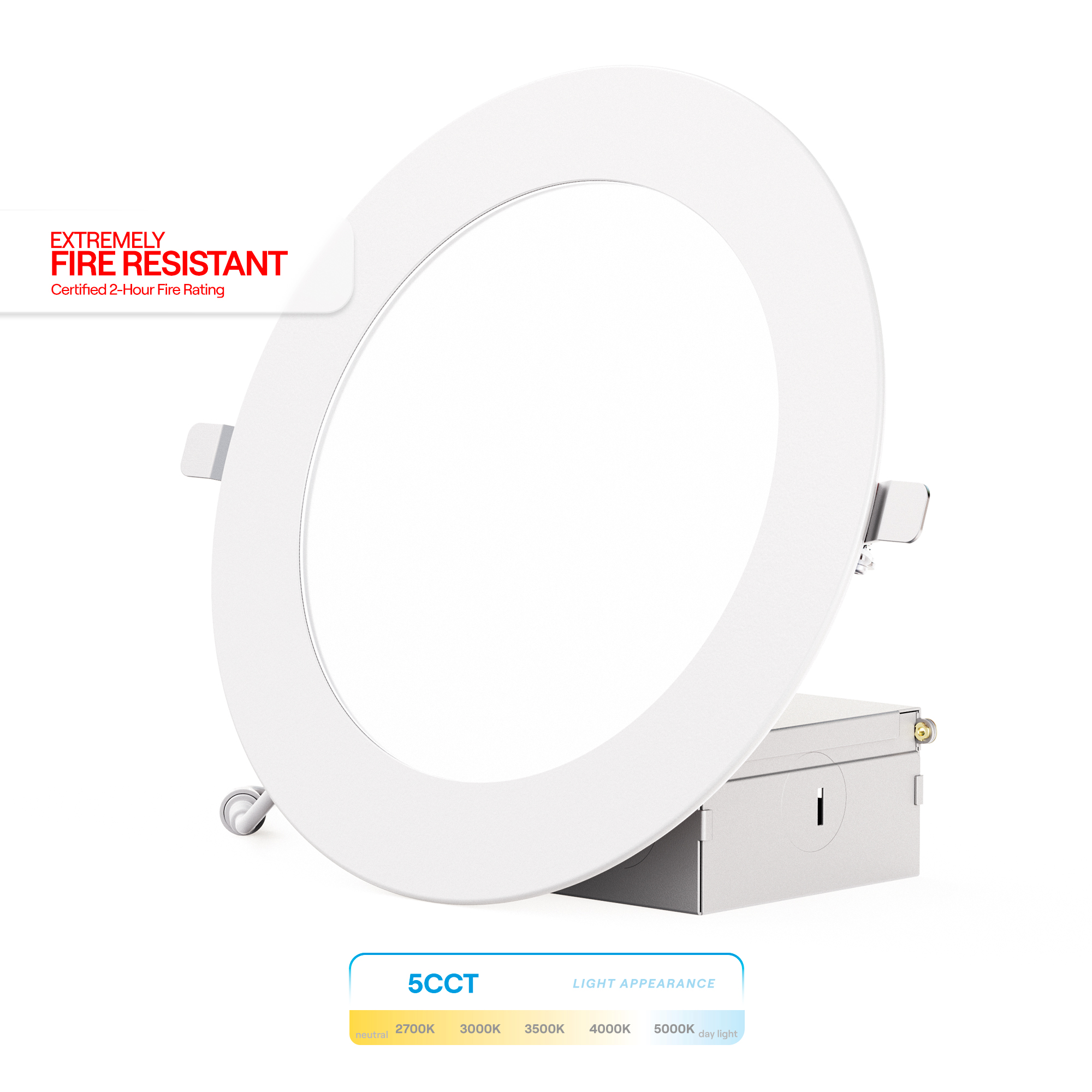 6 Inch Ultra-Thin Recessed LED Downlight, 12W 1,050LM, 5CCT Selectable, White Trim, Fire Rated, Wet Rated, Triac Dimmable, ETL, FCC, Energy Star