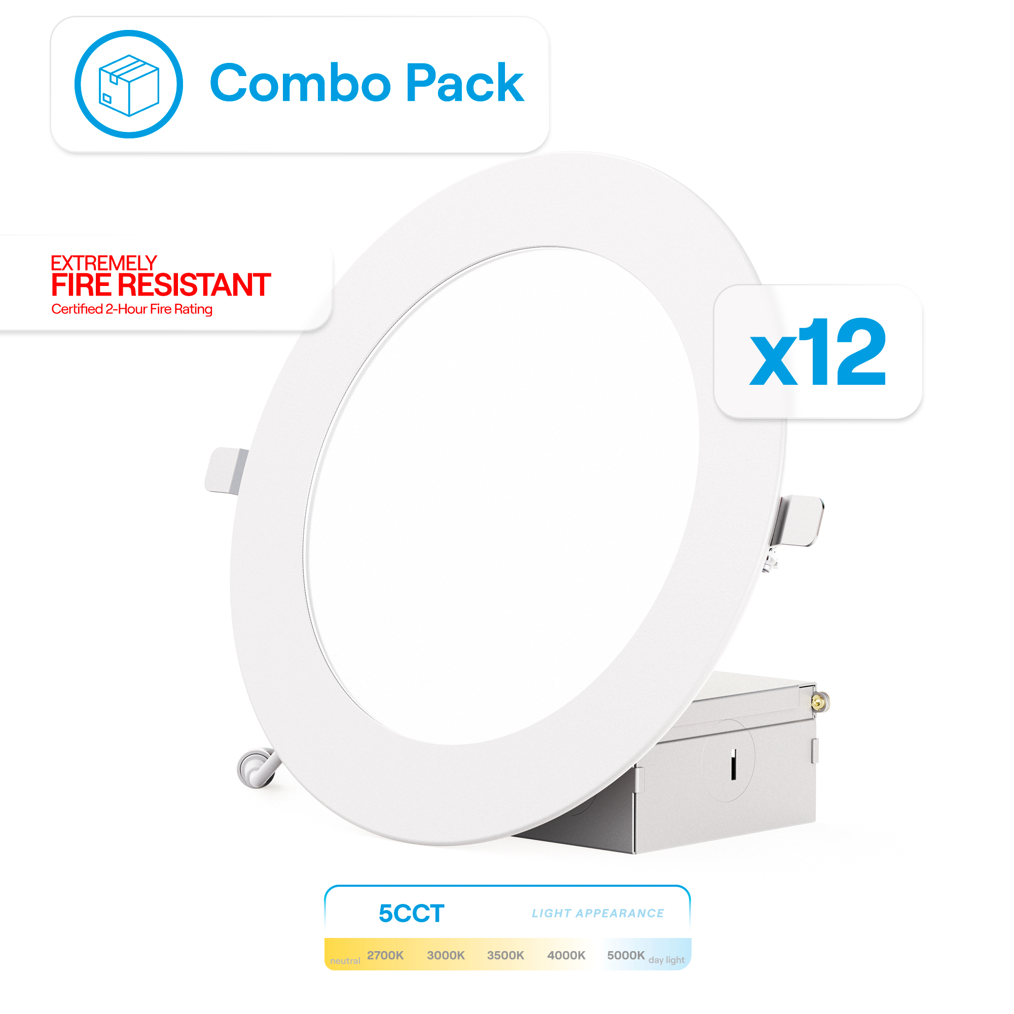 6 Inch Ultra-Thin Recessed LED Downlight, 12W 1,050LM, 5CCT Selectable, White Trim, Fire Rated, Wet Rated, Triac Dimmable, ETL, FCC, Energy Star