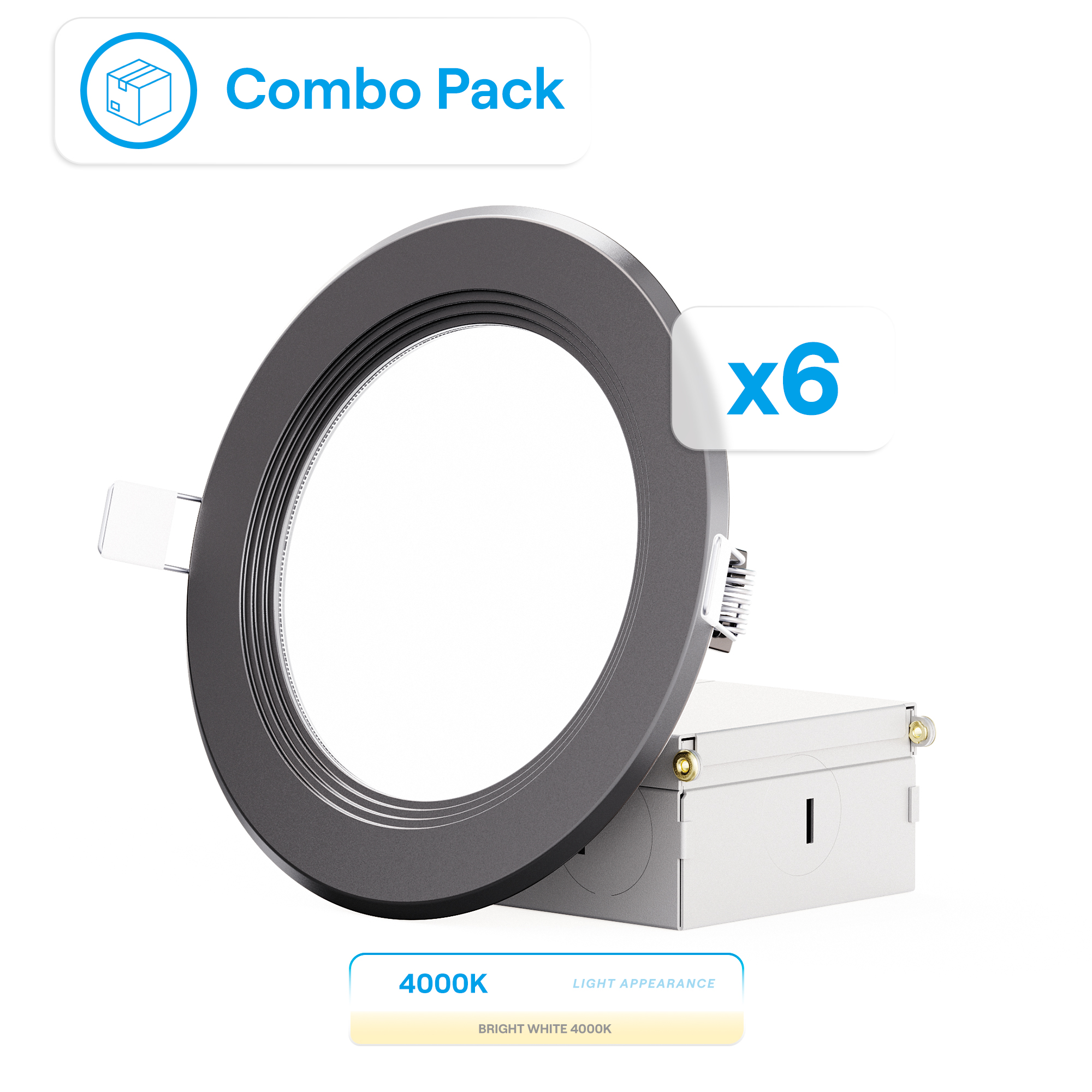 4 Inch Ultra-Thin Recessed LED Downlight, 9W 750LM, 4000K Cool White, Black Trim, Baffle Trim, Wet Rated, Triac Dimmable, ETL, FCC, Energy Star, (6 Pack)