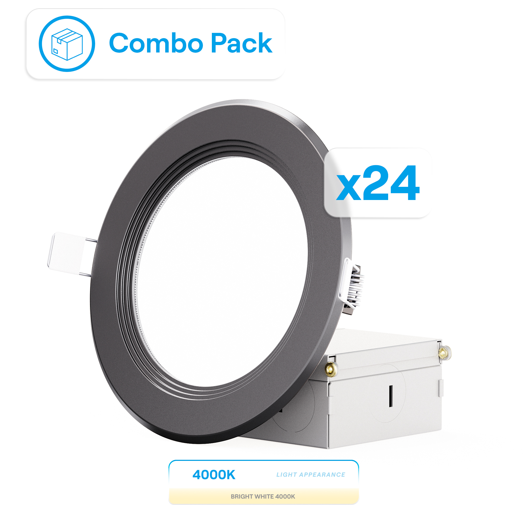 4 Inch Ultra-Thin Recessed LED Downlight, 9W 750LM, 4000K Cool White, Black Trim, Baffle Trim, Wet Rated, Triac Dimmable, ETL, FCC, Energy Star, (24 Pack)