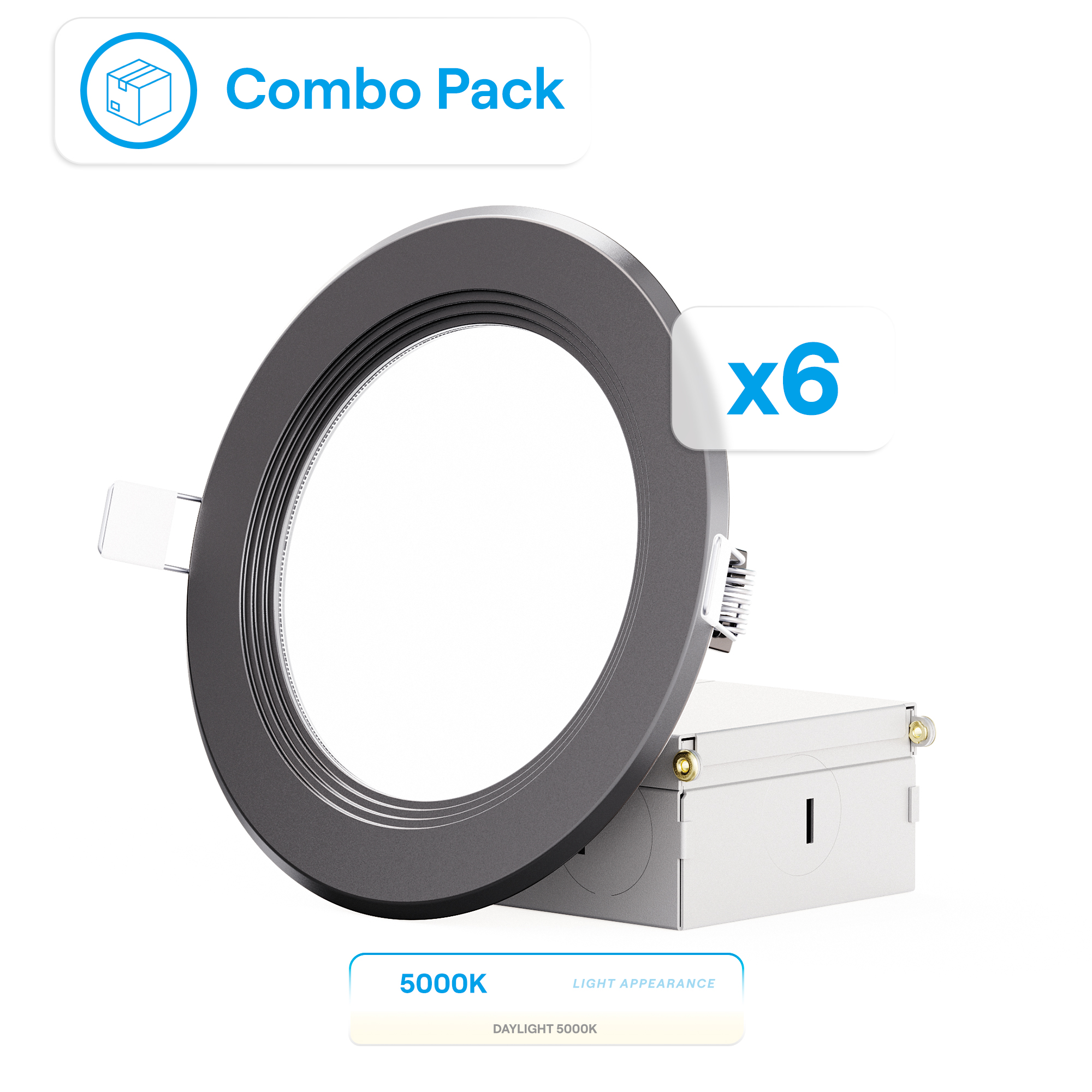 4 Inch Ultra-Thin Recessed LED Downlight, 9W 750LM, 5000K Daylight, Black Trim, Baffle Trim, Wet Rated, Triac Dimmable, ETL, FCC, Energy Star, (6 Pack)