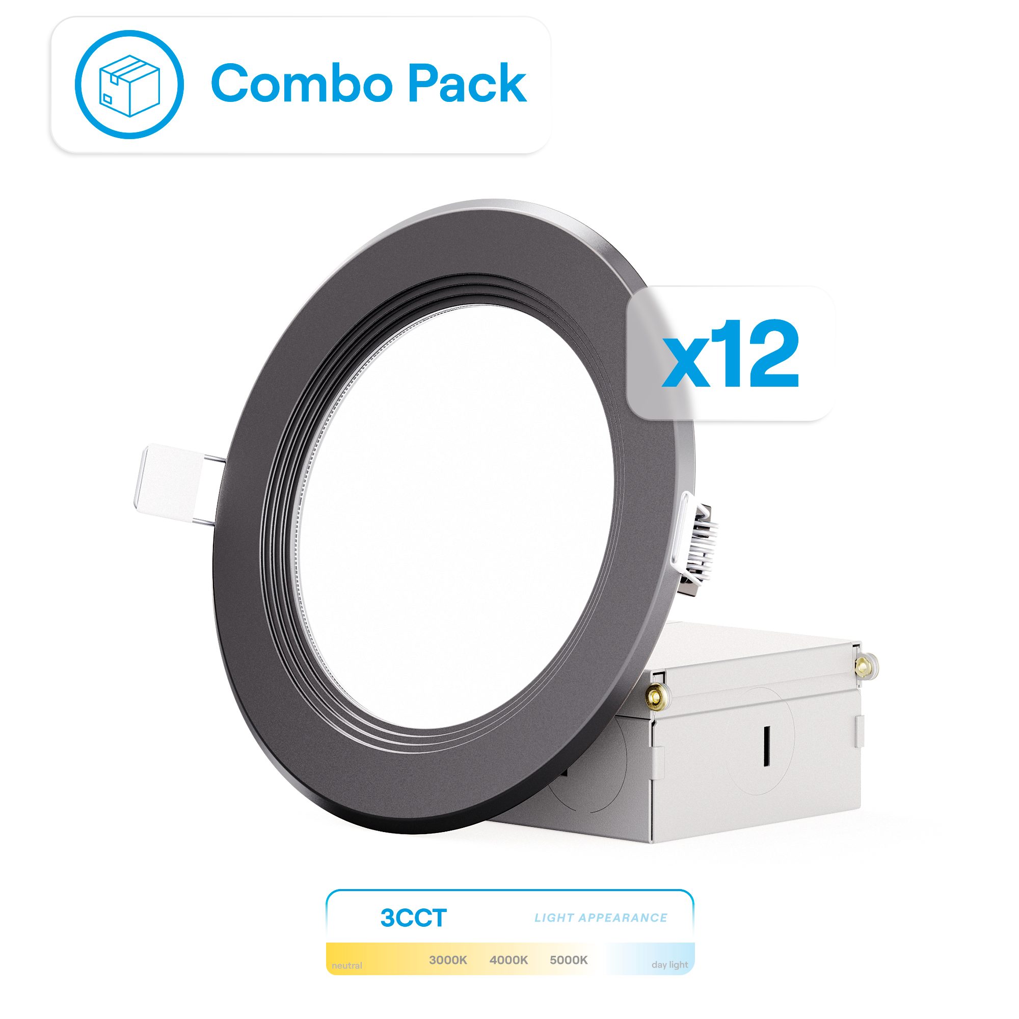 4 Inch Ultra-Thin Recessed LED Downlight, 9W 750LM, 3CCT Selectable, Black Trim, Baffle Trim, Wet Rated, Triac Dimmable, ETL, FCC, Energy Star, (12 Pack)