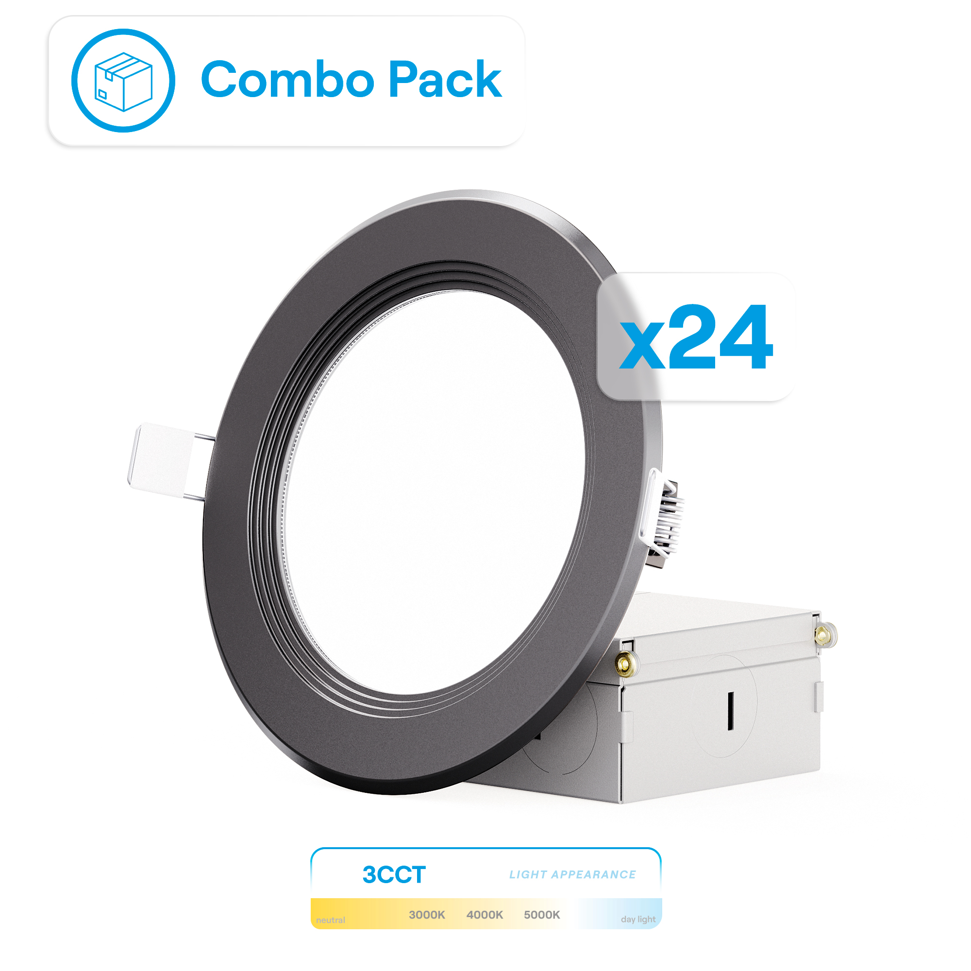 4 Inch Ultra-Thin Recessed LED Downlight, 9W 750LM, 3CCT Selectable, Black Trim, Baffle Trim, Wet Rated, Triac Dimmable, ETL, FCC, Energy Star, (24 Pack)