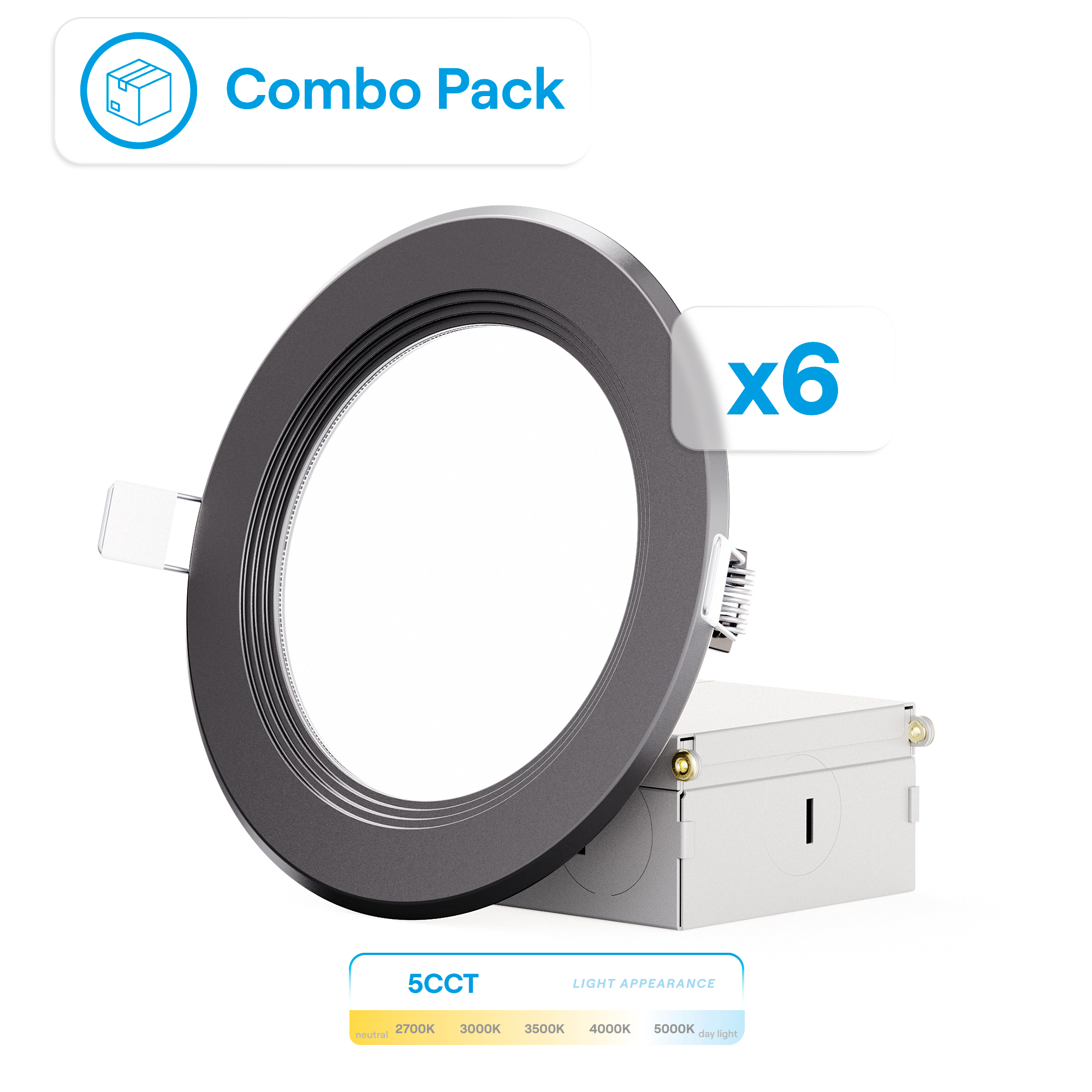 4 Inch Ultra-Thin Recessed LED Downlight, 9W 750LM, 5CCT Selectable, Black Trim, Baffle Trim, Wet Rated, Triac Dimmable, ETL, FCC, Energy Star, (12 Pack)