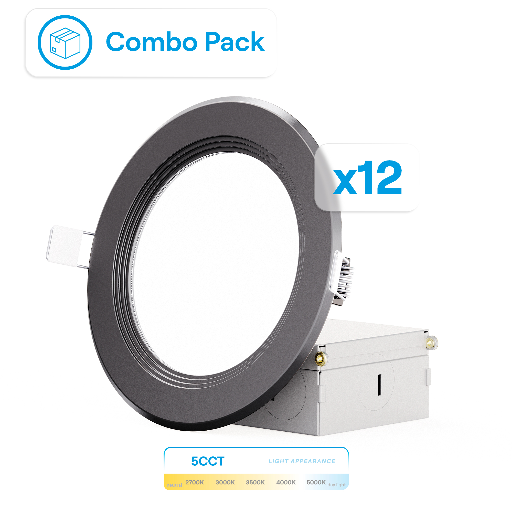 4 Inch Ultra-Thin Recessed LED Downlight, 9W 750LM, 5CCT Selectable, Black Trim, Baffle Trim, Wet Rated, Triac Dimmable, ETL, FCC, Energy Star, (12 Pack)