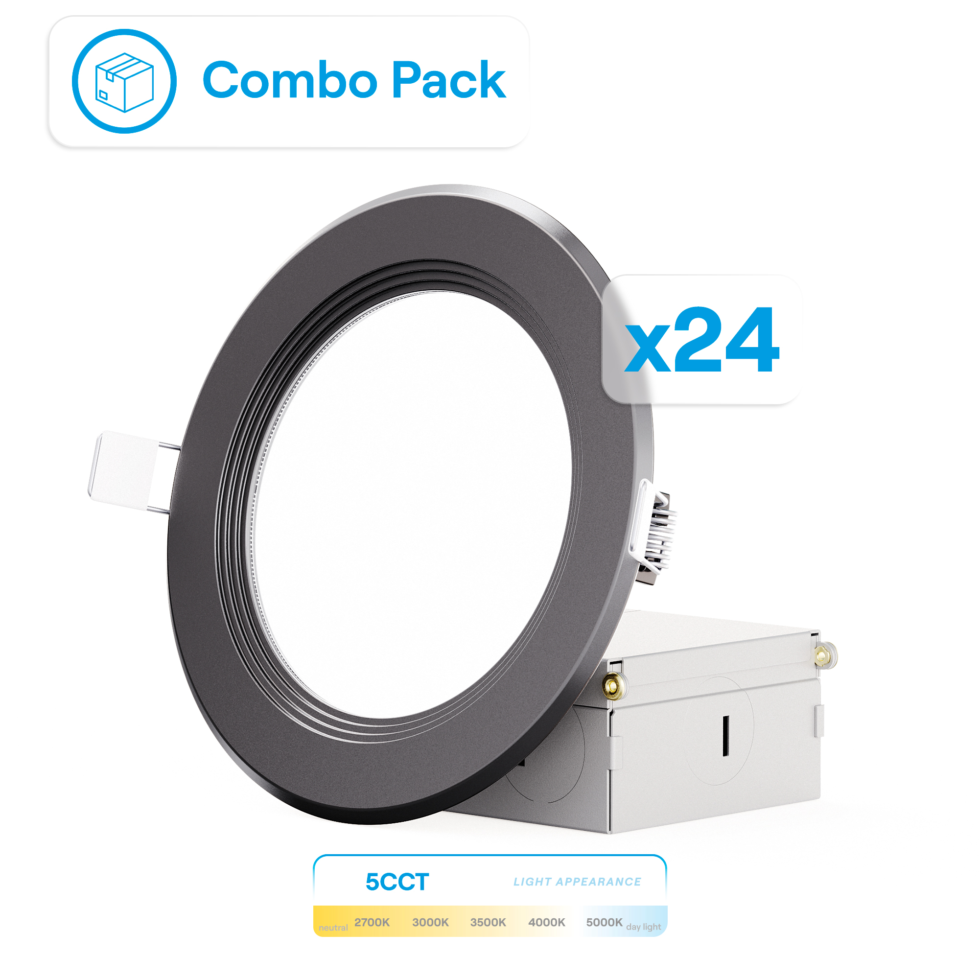 4 Inch Ultra-Thin Recessed LED Downlight, 9W 750LM, 5CCT Selectable, Black Trim, Baffle Trim, Wet Rated, Triac Dimmable, ETL, FCC, Energy Star, (24 Pack)