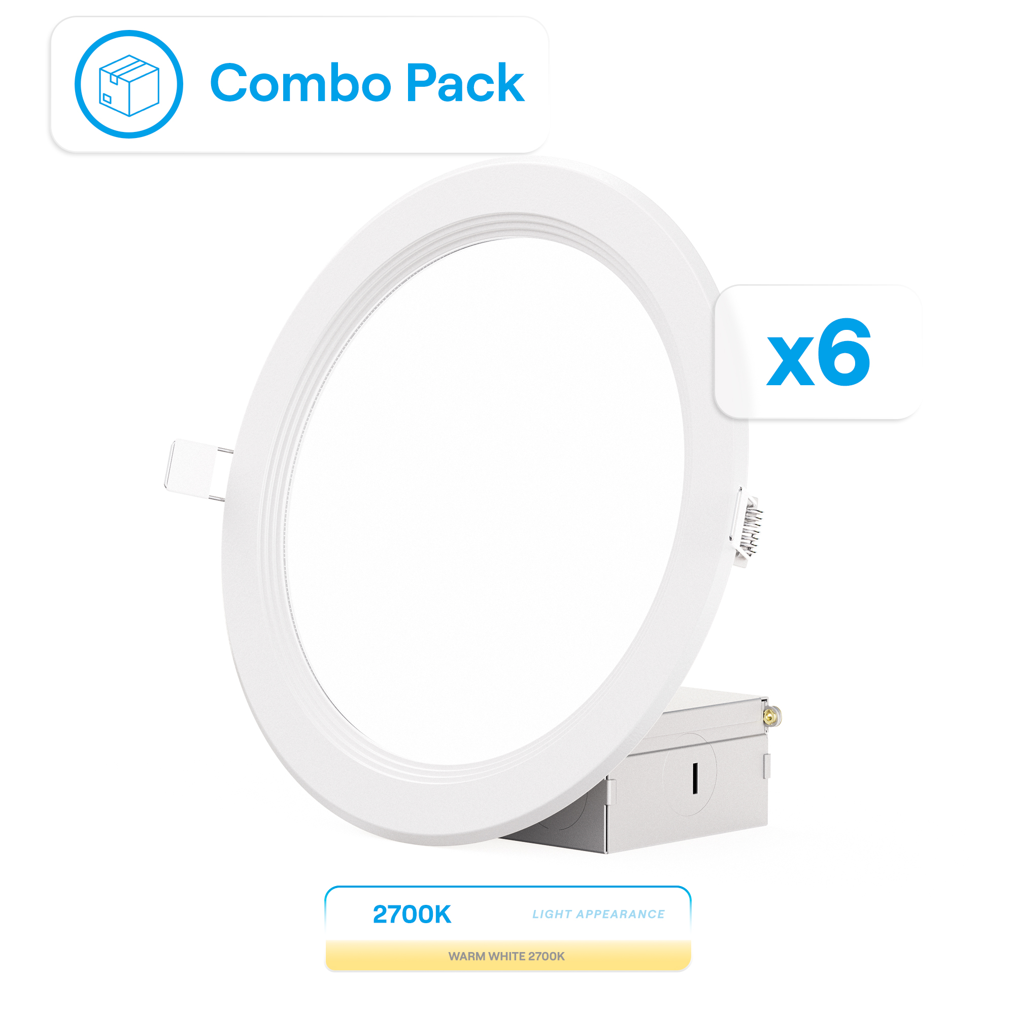 6 Inch Ultra-Thin Recessed LED Downlight, 12W 1,050LM, 2700K Soft White, White Trim, Baffle Trim, Wet Rated, Triac Dimmable, ETL, FCC, Energy Star