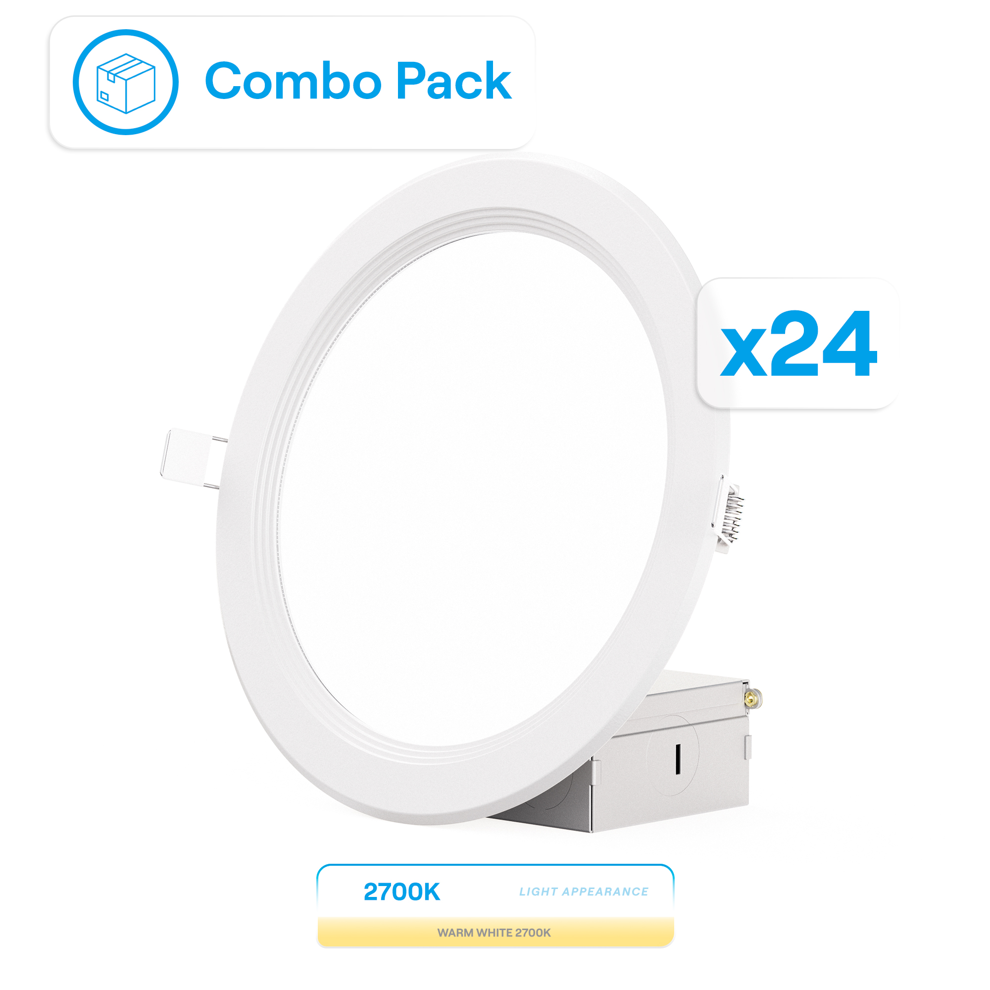 6 Inch Ultra-Thin Recessed LED Downlight, 12W 1,050LM, 2700K Soft White, White Trim, Baffle Trim, Wet Rated, Triac Dimmable, ETL, FCC, Energy Star, (24 Pack)