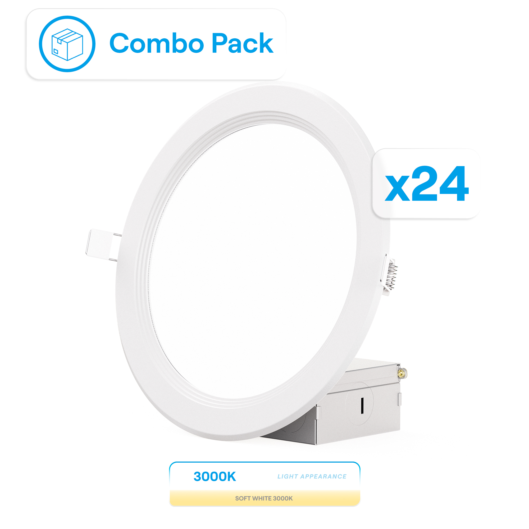 6 Inch Ultra-Thin Recessed LED Downlight, 12W 1,050LM, 3000K Warm White, White Trim, Baffle Trim, Wet Rated, Triac Dimmable, ETL, FCC, Energy Star, (24 Pack)