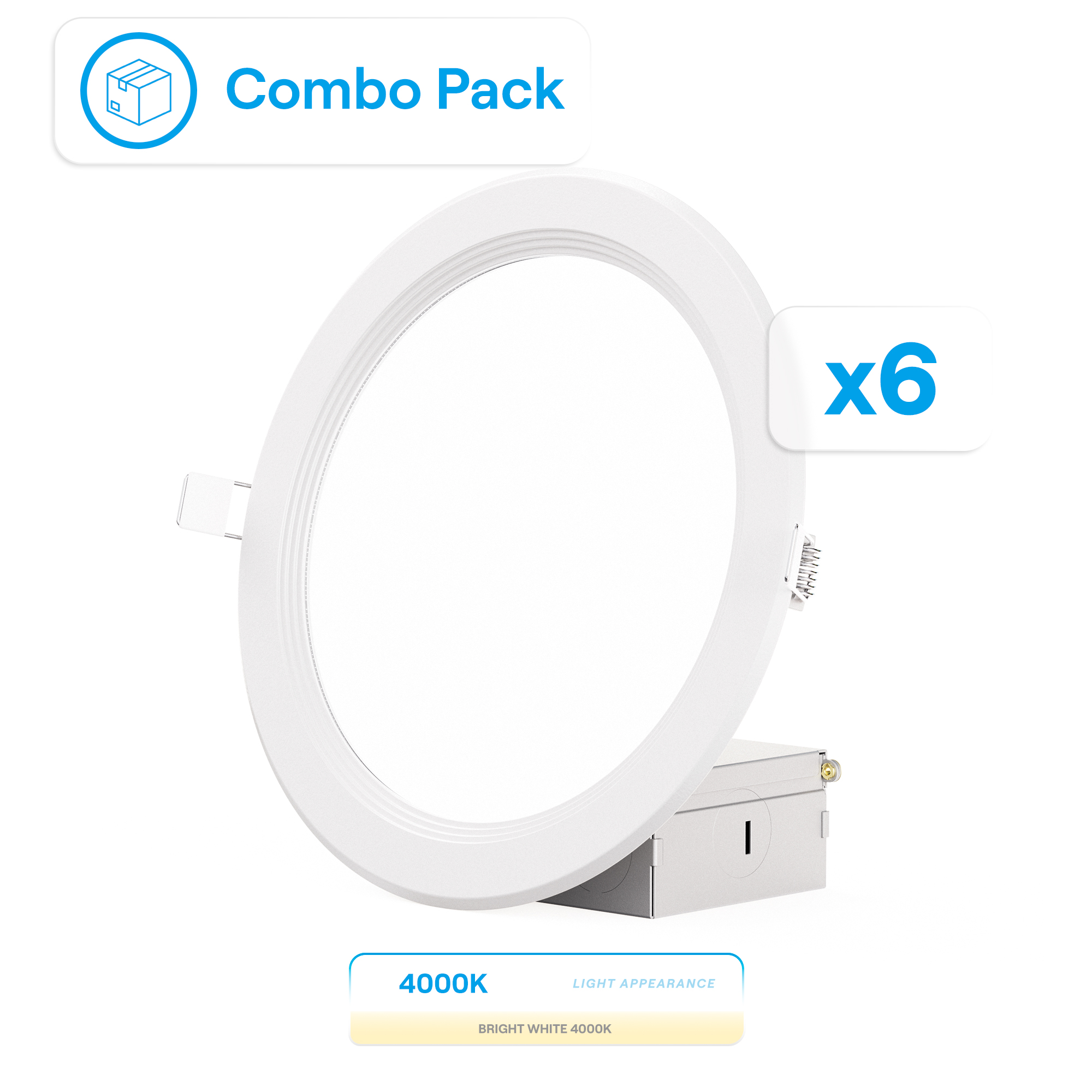 6 Inch Ultra-Thin Recessed LED Downlight, 12W 1,050LM, 4000K Cool White, White Trim, Baffle Trim, Wet Rated, Triac Dimmable, ETL, FCC, Energy Star