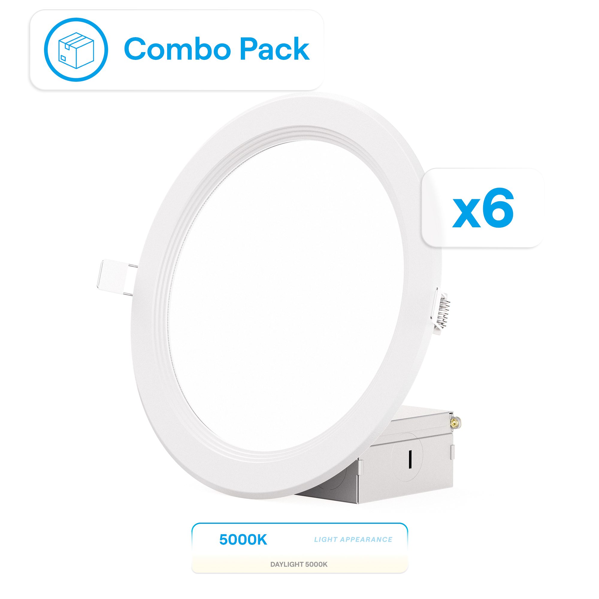 6 Inch Ultra-Thin Recessed LED Downlight, 12W 1,050LM, 5000K Daylight, White Trim, Baffle Trim, Wet Rated, Triac Dimmable, ETL, FCC, Energy Star