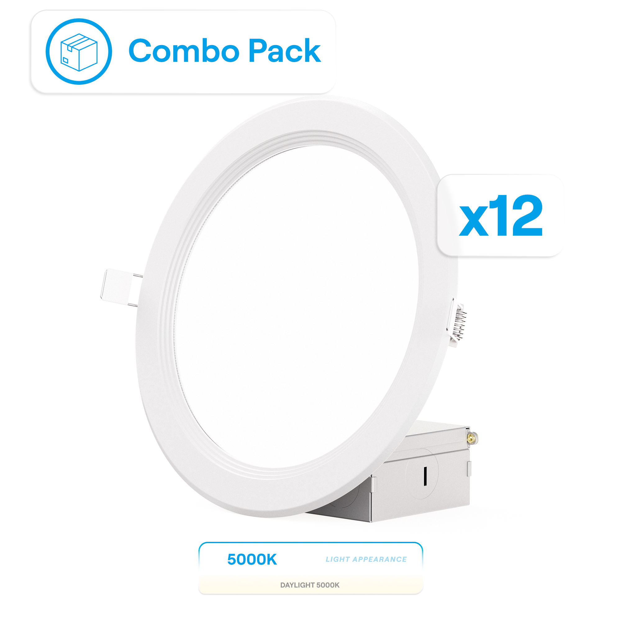 6 Inch Ultra-Thin Recessed LED Downlight, 12W 1,050LM, 5000K Daylight, White Trim, Baffle Trim, Wet Rated, Triac Dimmable, ETL, FCC, Energy Star