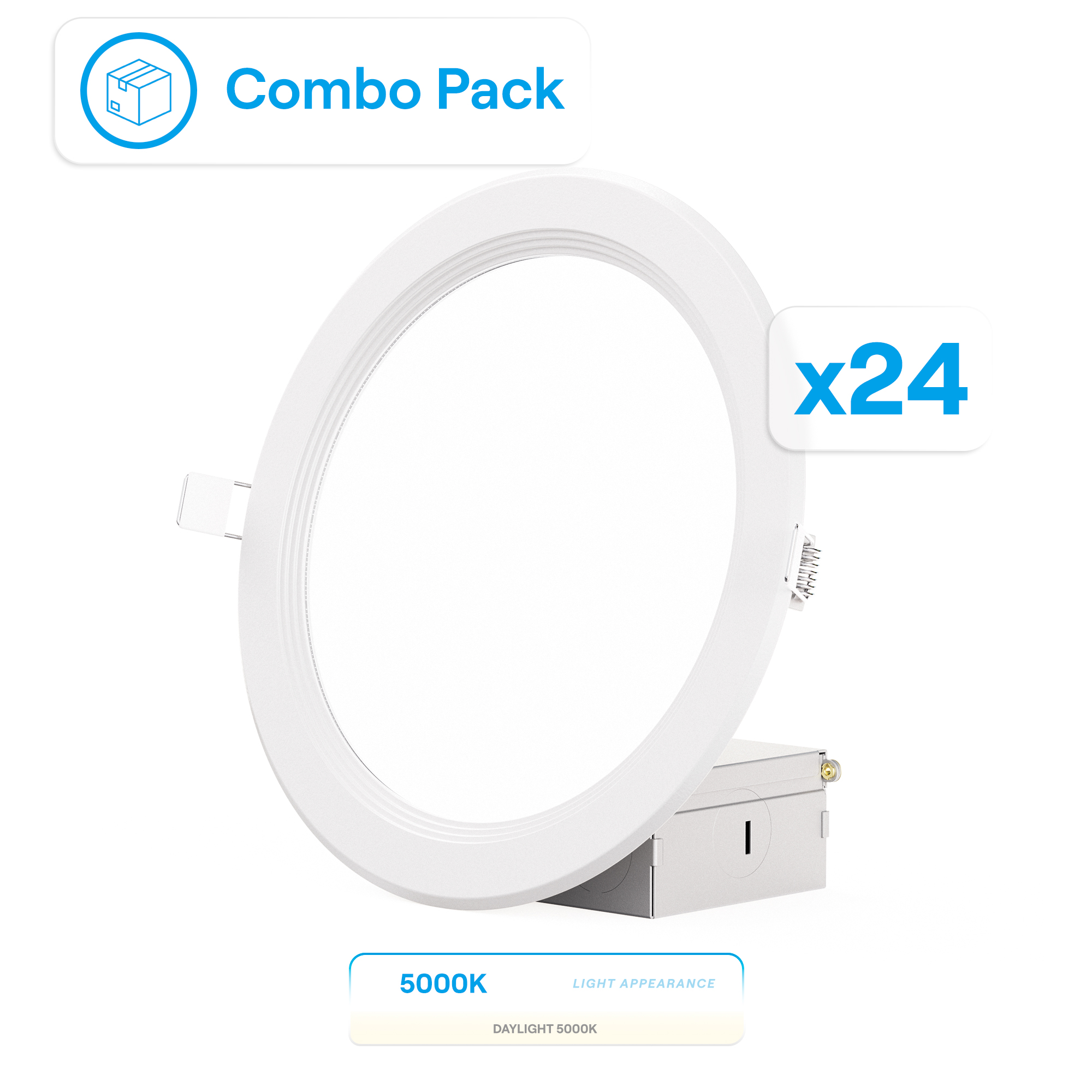 6 Inch Ultra-Thin Recessed LED Downlight, 12W 1,050LM, 5000K Daylight, White Trim, Baffle Trim, Wet Rated, Triac Dimmable, ETL, FCC, Energy Star, (24 Pack)