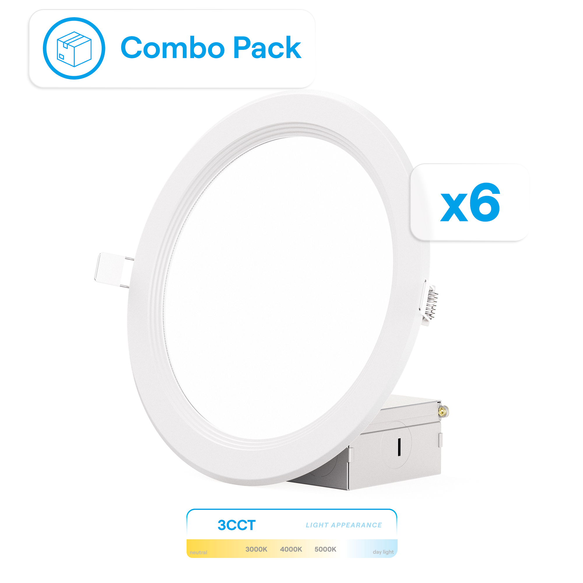 6 Inch Ultra-Thin Recessed LED Downlight, 12W 1,050LM, 3CCT Selectable, White Trim, Baffle Trim, Wet Rated, Triac Dimmable, ETL, FCC, Energy Star