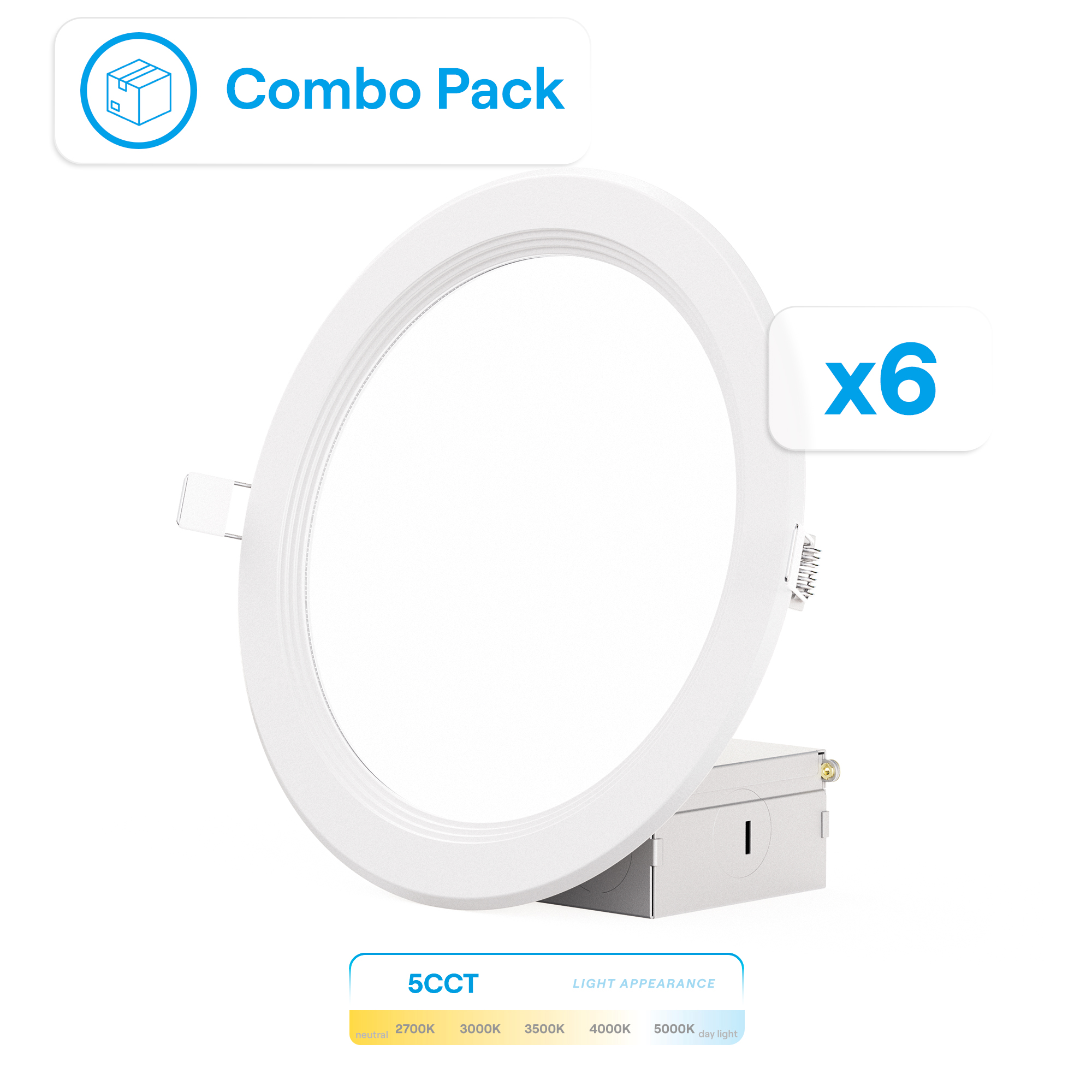 6 Inch Ultra-Thin Recessed LED Downlight, 12W 1,050LM, 5CCT Selectable, White Trim, Baffle Trim, Wet Rated, Triac Dimmable, ETL, FCC, Energy Star