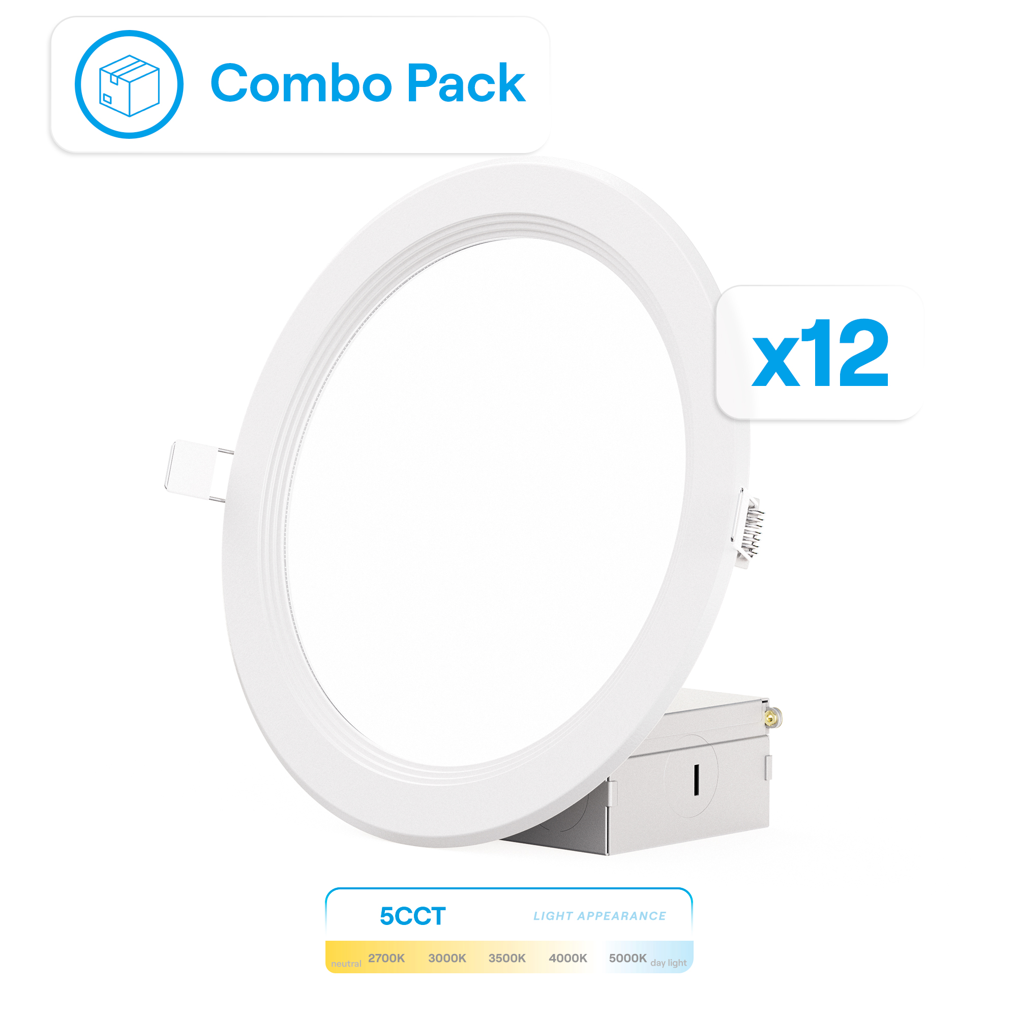 6 Inch Ultra-Thin Recessed LED Downlight, 12W 1,050LM, 5CCT Selectable, White Trim, Baffle Trim, Wet Rated, Triac Dimmable, ETL, FCC, Energy Star