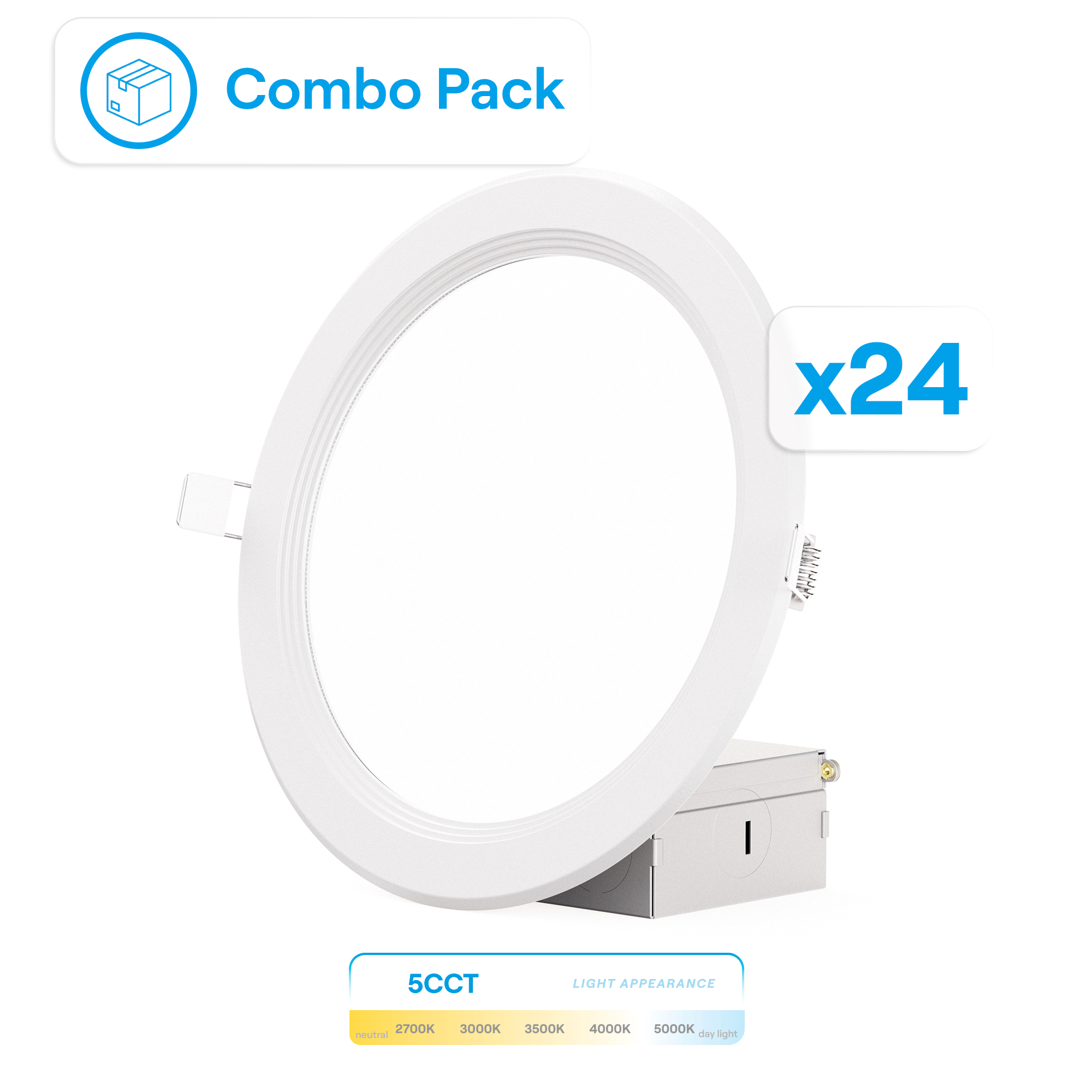 6 Inch Ultra-Thin Recessed LED Downlight, 12W 1,050LM, 5CCT Selectable, White Trim, Baffle Trim, Wet Rated, Triac Dimmable, ETL, FCC, Energy Star, (24 Pack)