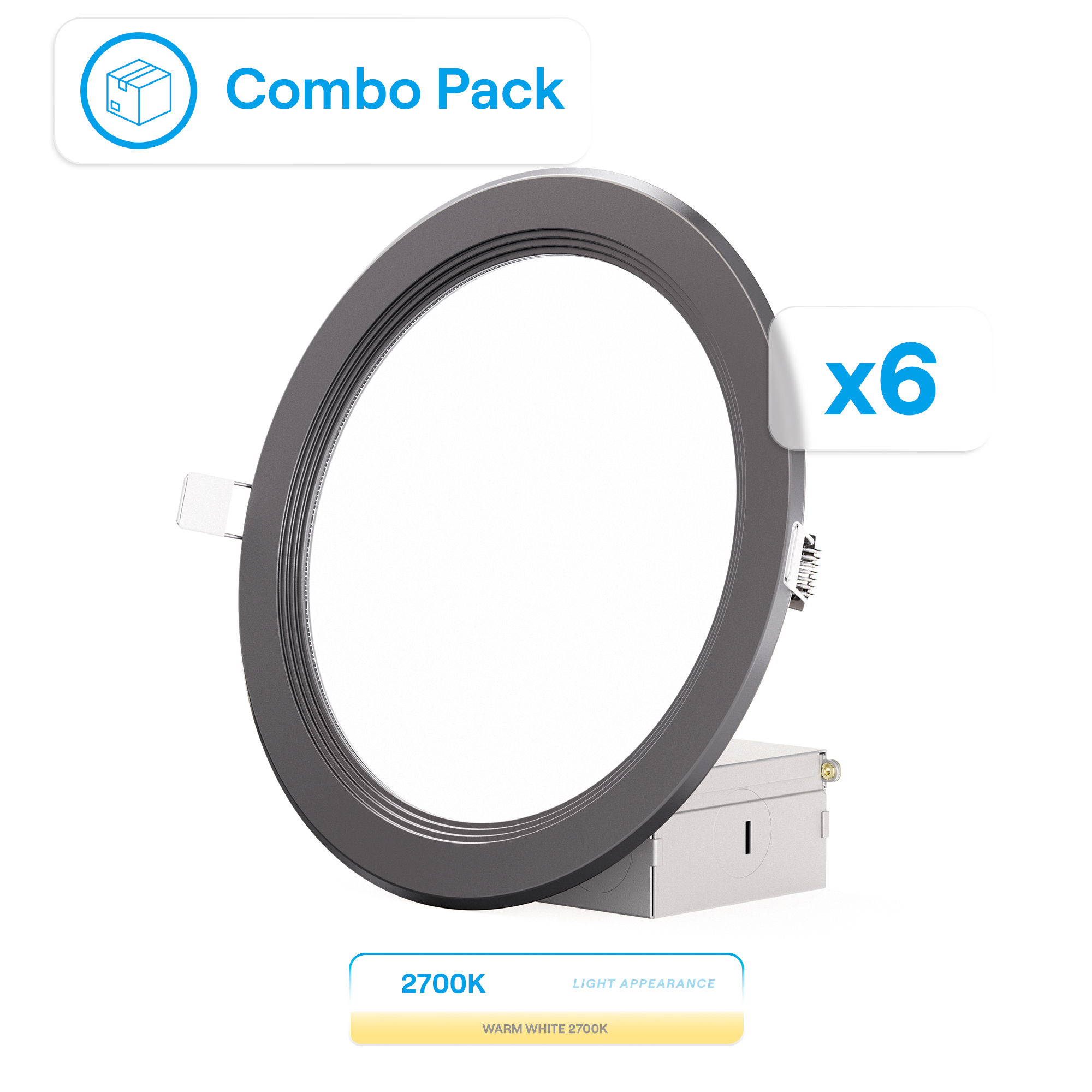 6 Inch Ultra-Thin Recessed LED Downlight, 12W 1,050LM, 2700K Soft White, Black Trim, Baffle Trim, Wet Rated, Triac Dimmable, ETL, FCC, Energy Star, (6 Pack)