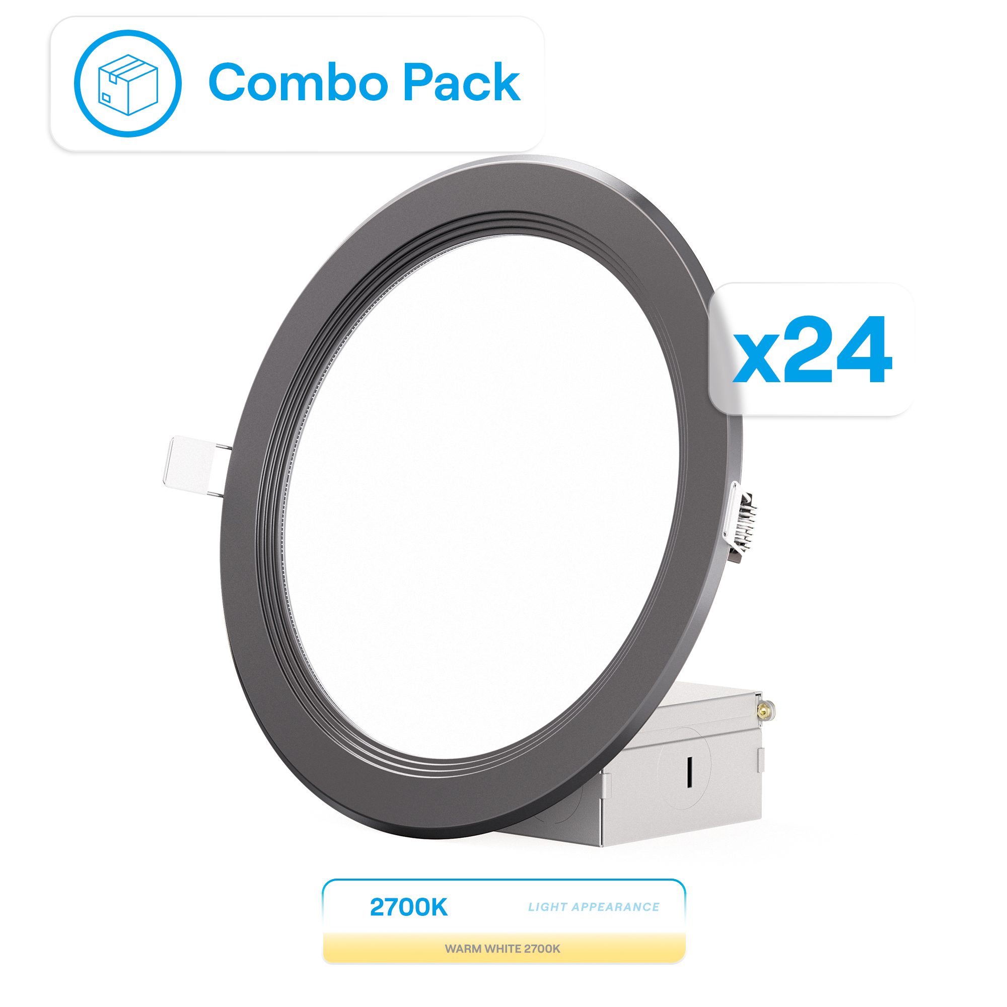 6 Inch Ultra-Thin Recessed LED Downlight, 12W 1,050LM, 2700K Soft White, Black Trim, Baffle Trim, Wet Rated, Triac Dimmable, ETL, FCC, Energy Star, (24 Pack)