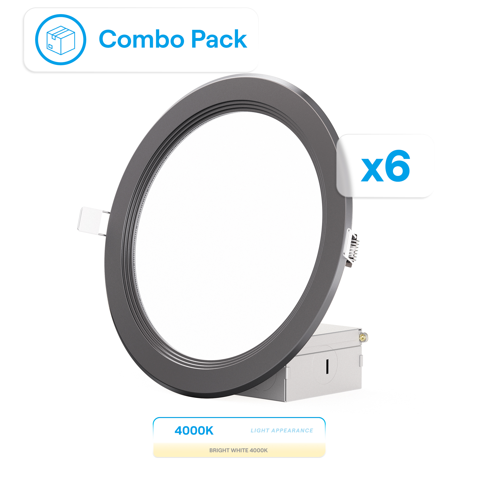 6 Inch Ultra-Thin Recessed LED Downlight, 12W 1,050LM, 4000K Cool White, Black Trim, Baffle Trim, Wet Rated, Triac Dimmable, ETL, FCC, Energy Star