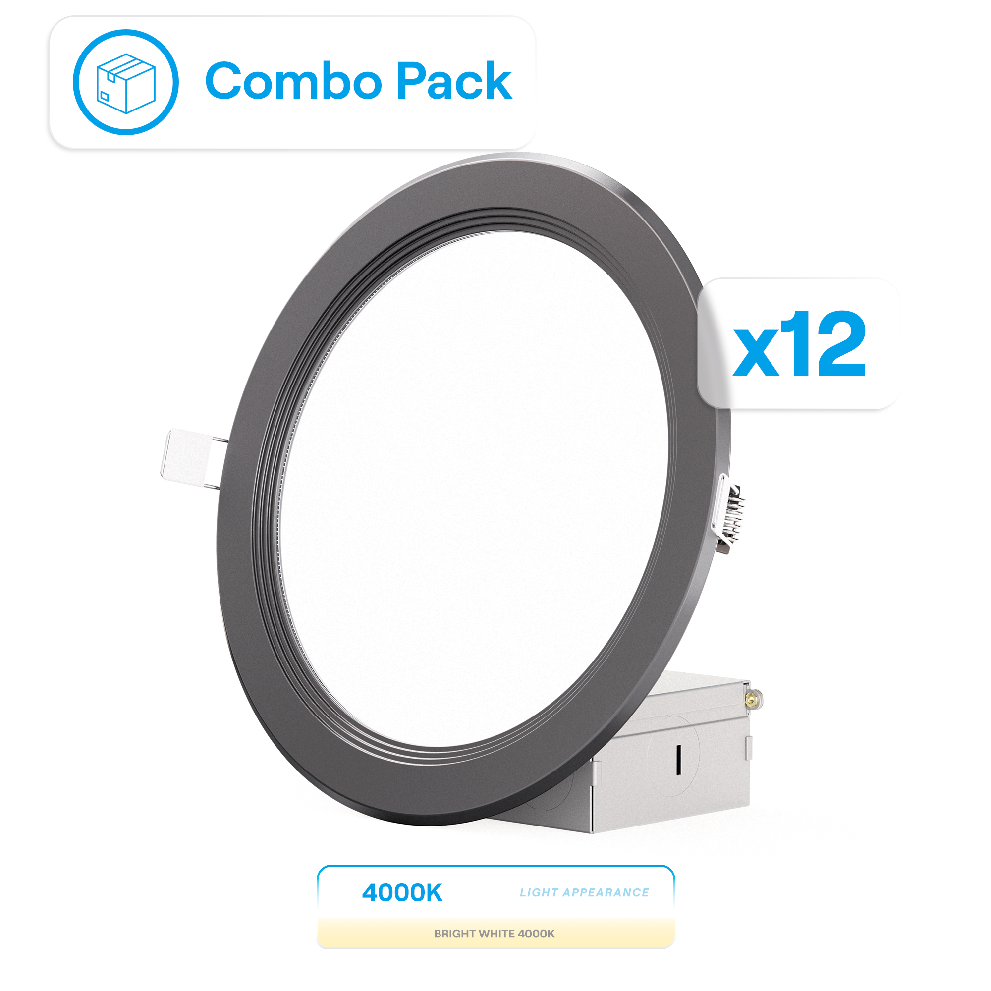 6 Inch Ultra-Thin Recessed LED Downlight, 12W 1,050LM, 4000K Cool White, Black Trim, Baffle Trim, Wet Rated, Triac Dimmable, ETL, FCC, Energy Star