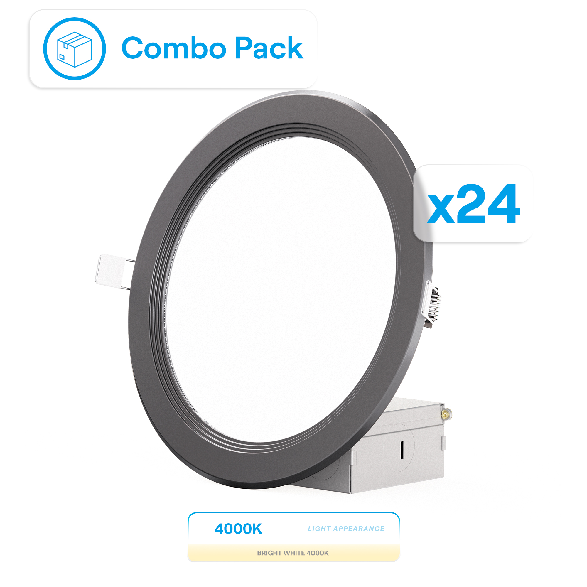 6 Inch Ultra-Thin Recessed LED Downlight, 12W 1,050LM, 4000K Cool White, Black Trim, Baffle Trim, Wet Rated, Triac Dimmable, ETL, FCC, Energy Star, (24 Pack)