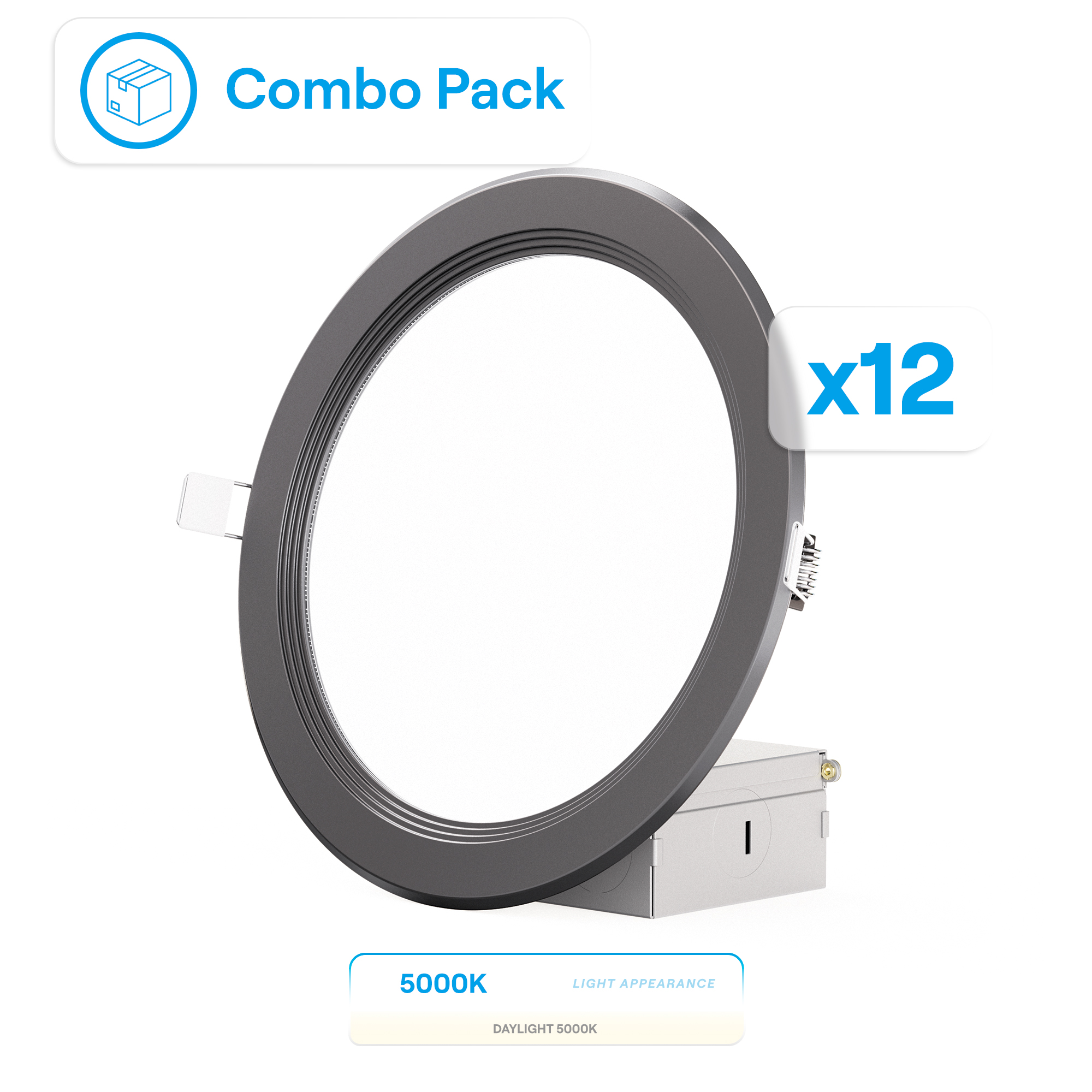 6 Inch Ultra-Thin Recessed LED Downlight, 12W 1,050LM, 5000K Daylight, Black Trim, Baffle Trim, Wet Rated, Triac Dimmable, ETL, FCC, Energy Star, (6 Pack)