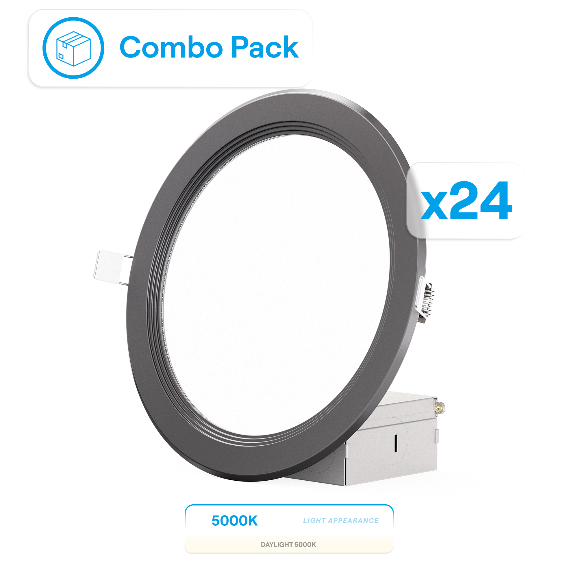 6 Inch Ultra-Thin Recessed LED Downlight, 12W 1,050LM, 5000K Daylight, Black Trim, Baffle Trim, Wet Rated, Triac Dimmable, ETL, FCC, Energy Star, (24 Pack)