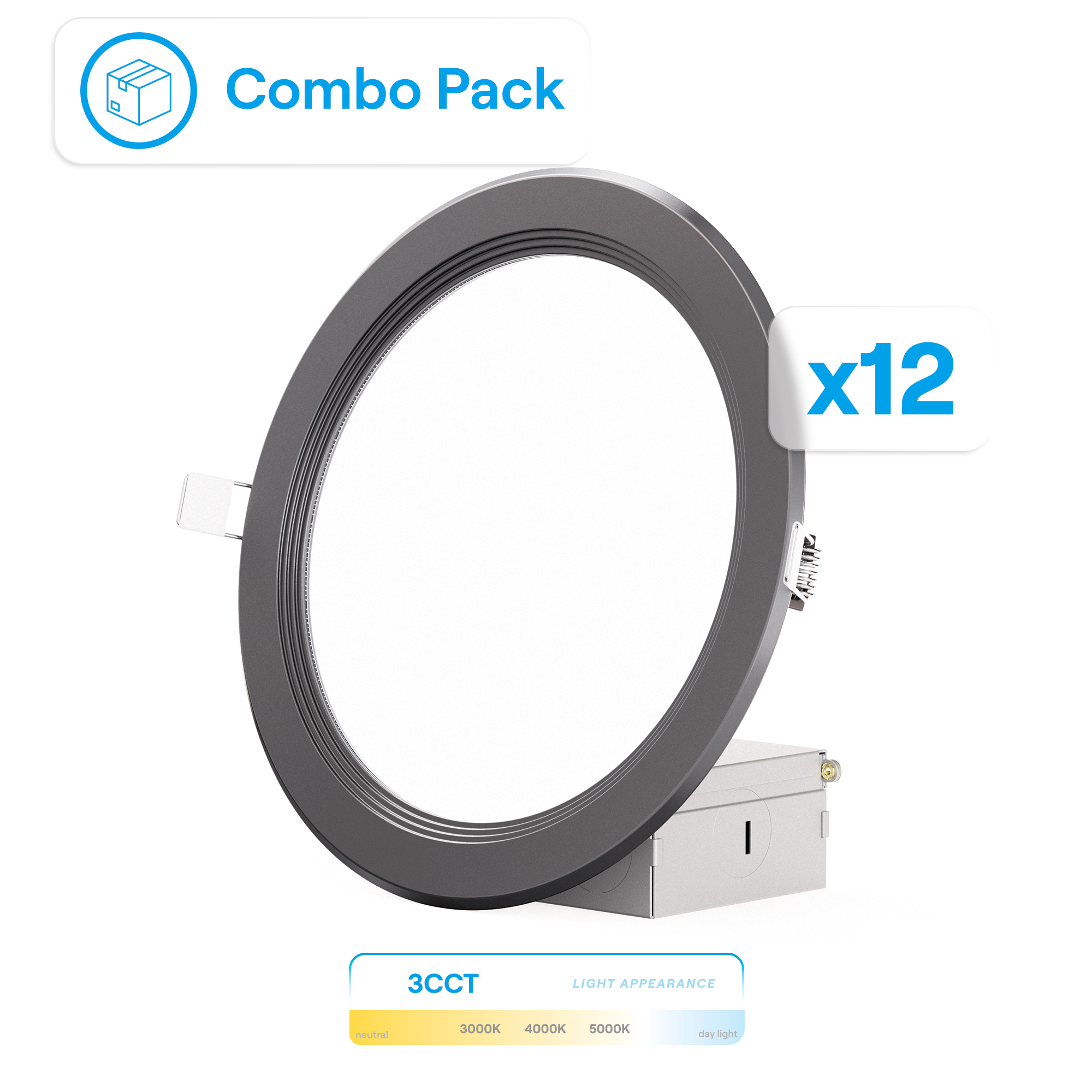 6 Inch Ultra-Thin Recessed LED Downlight, 12W 1,050LM, 3CCT Selectable, Black Trim, Baffle Trim, Wet Rated, Triac Dimmable, ETL, FCC, Energy Star, (6 Pack)