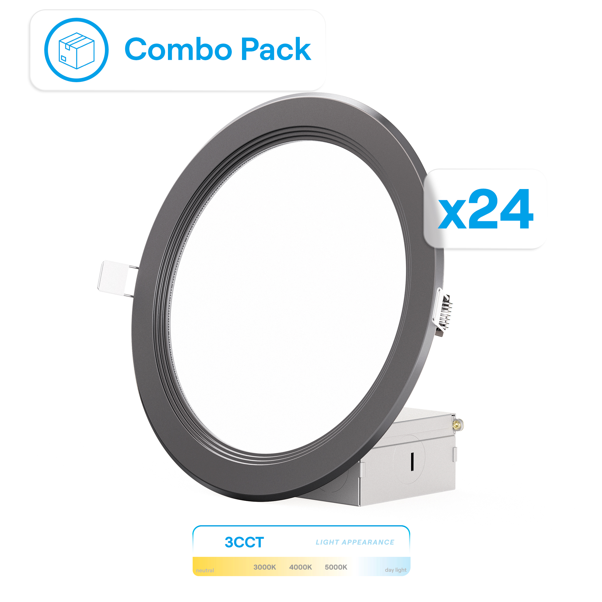 6 Inch Ultra-Thin Recessed LED Downlight, 12W 1,050LM, 3CCT Selectable, Black Trim, Baffle Trim, Wet Rated, Triac Dimmable, ETL, FCC, Energy Star, (24 Pack)